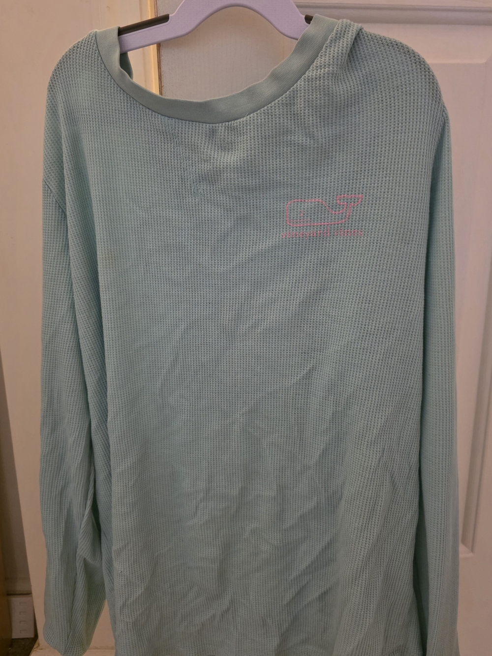 Vineyard Vines Medium Light Teal Long-Sleeve Waffle Knit with Pink Logo